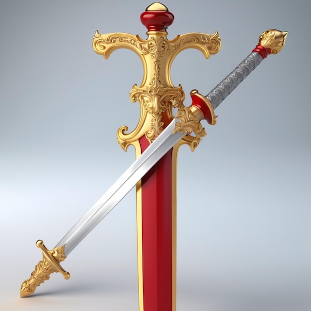 Photo a sword with a red handle and gold crown