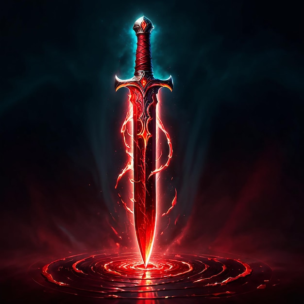 a sword with a red light on it is on a dark background