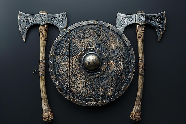 a sword with a shield and a shield with a ball on it