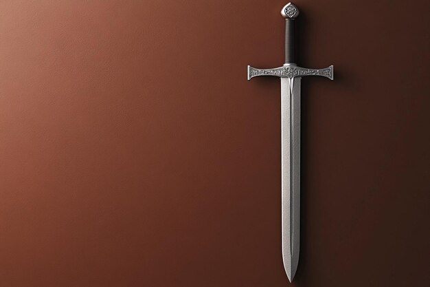 Photo a sword with a stone on the front and a brown background