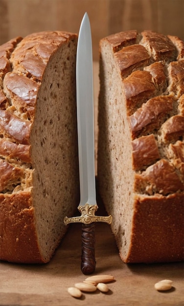 a sword with a sword in the middle of a loaf of bread