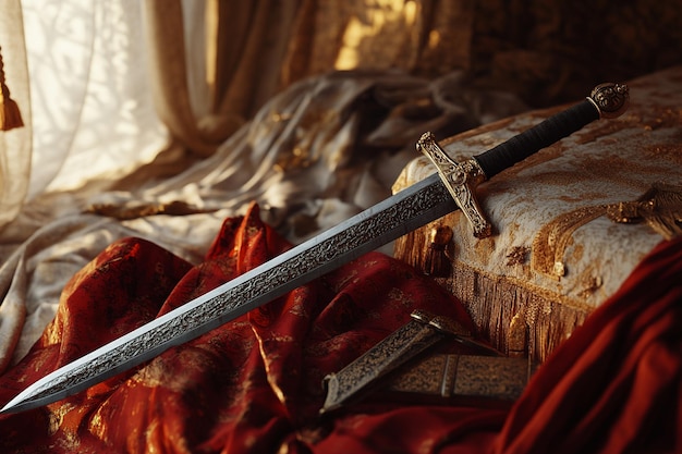 Photo a sword with the word sword on it is laying on a red cloth