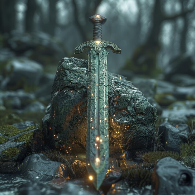 Photo a sword with the word sword on it is on a rock