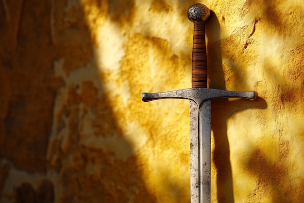 a sword with the word sword on it is on a yellow wall