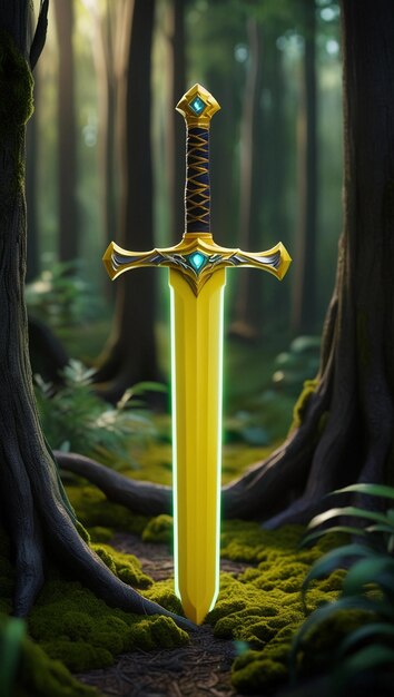 Photo a sword with a yellow handle and a green and yellow sword in the middle of the woods