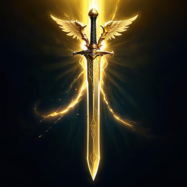 a sword with a yellow light shining on it