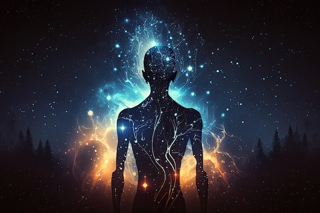 Syber space concept of glowing astral body silhouette neural network AI generated art