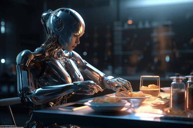 Sybernetic female android helper Artificial Intelligence helps in everyday life Robot cleaner cook dishwasher AI for fun and entertainment future Humanoid looks like human being Generative AI