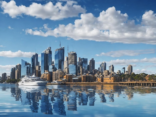 Sydney CBD skyline with reflection of buildings in the harbour waters Ai generated