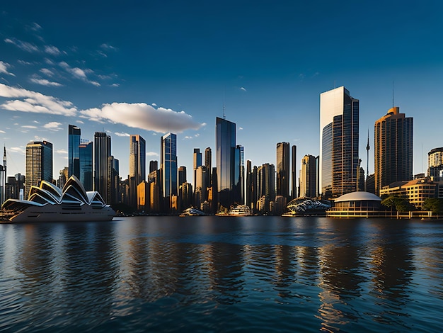 Sydney CBD skyline with reflection of buildings in the harbour waters Ai generated