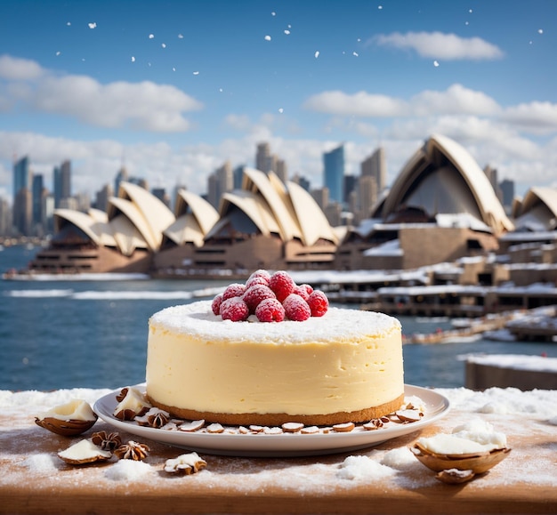 Sydney Opera House and cheesecake with raspberries on top