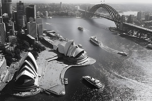 Photo sydney opera house harbour bridge and city skyline in black and white