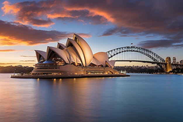 Sydney opera House at Sunset landmarks panorama evening photo artificial reflection