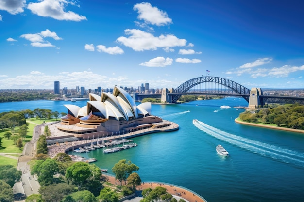 Sydney Opera House and Sydney Harbour Bridge in a beautiful summer day Australia Beautiful aerial view of the Sydney Opera house by the bay in Australia Panoramic view AI Generated