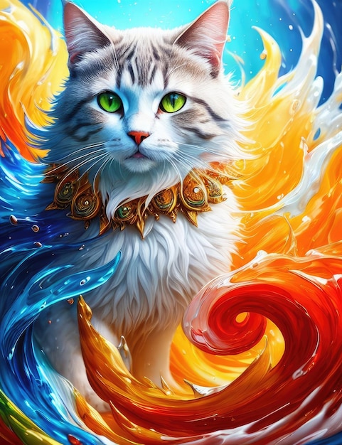 Symbiosis of a cat and splashes waves of multicolored paint Generative AI