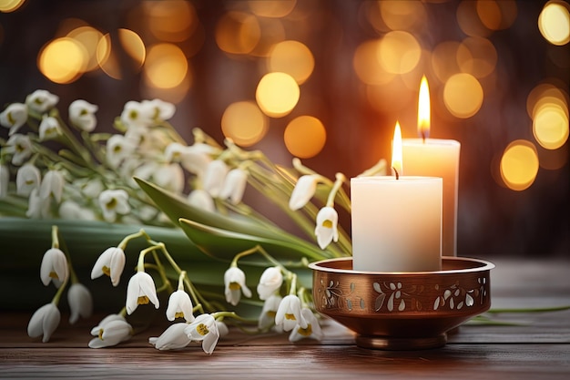 Symbol of Christian holiday with wooden cross candles snowdrops and blurry background