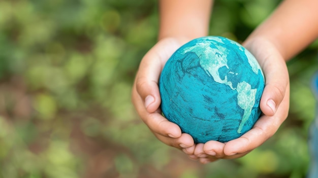 Photo symbol of global peace kids holding earth globe against nature backdrop