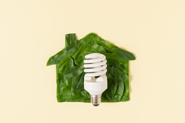 Photo symbol of green house made of leaves and a light bulb top view eco energy and energy saving concept