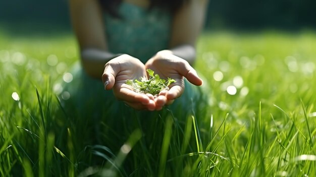 Symbol icon CO2 in hand young woman on natural green