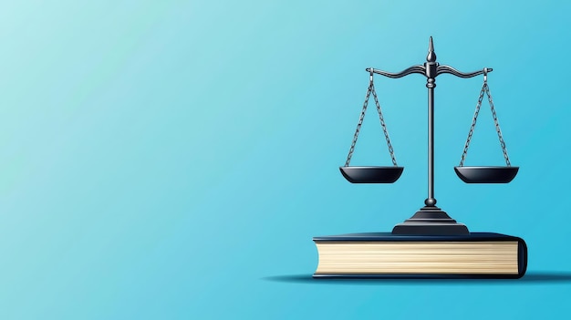 Photo a symbol of justice featuring a balanced scale atop a law book ideal for legal themes and educational content