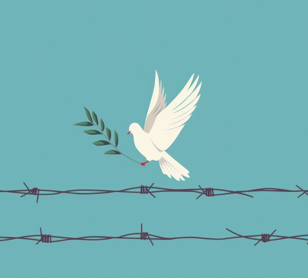 Photo symbol of peace and freedom dove carrying olive branch over barbed wire generative ai