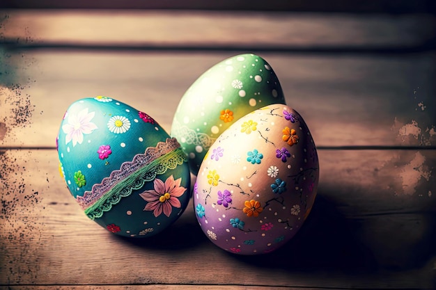 Symbol of spring holiday easter egg lie on wooden table