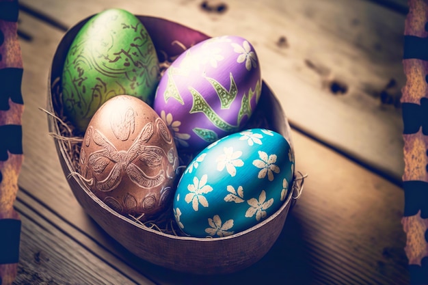 Symbol of spring holiday easter egg lie on wooden table