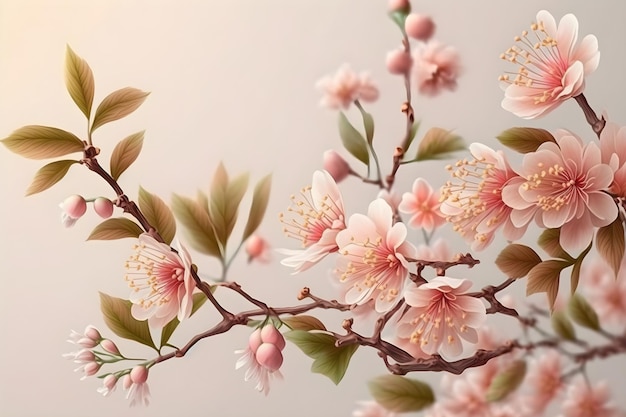 Symbol of spring Illustration of wild sakura branch in blossom on a light blurred background Painted pink spring flowers for design postcard invitaion spring banner macro Generative AI