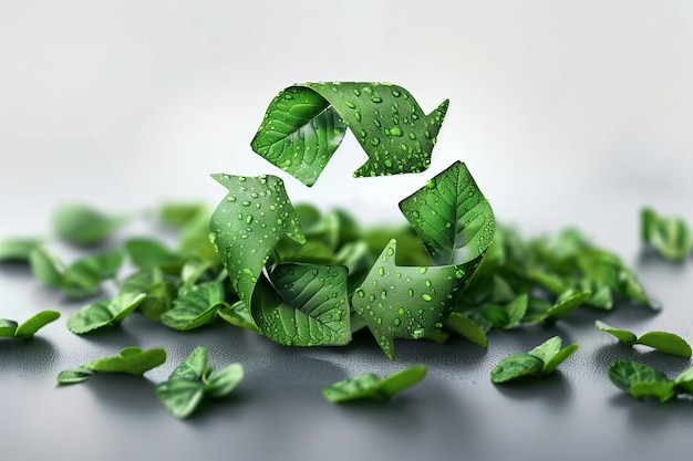 A symbol of waste recycling with green leaves Environmental protection concept on white background