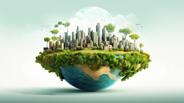 Symbolic 3D image of the globe with elements of human activity and nature Environment save clean planet ecology concept Saving nature for future generations Earth Day banner with copy space