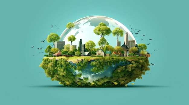 Symbolic 3D image of the globe with elements of human activity and nature Environment save clean planet ecology concept Saving nature for future generations Earth Day banner with copy space