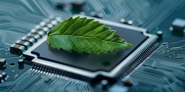 Photo symbolic fusion a growing green leaf on a computer chip concept technology nature symbolism