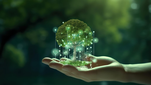 Symbolic green tree in a human hand on blurred background Respect for nature sustainable energy care for the environment ecological development Earth Day concept 3D rendering