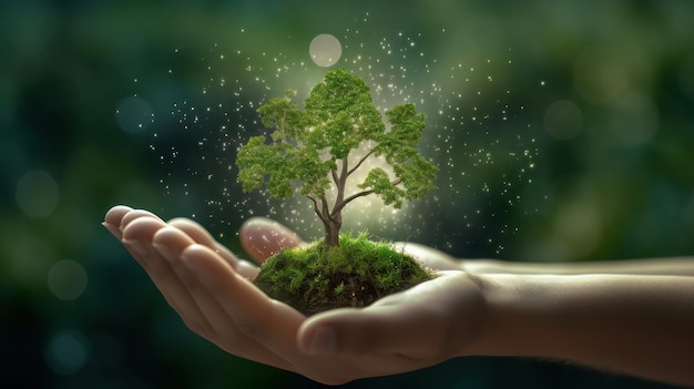 Symbolic green tree in a human hand on blurred background respect for nature sustainable energy care