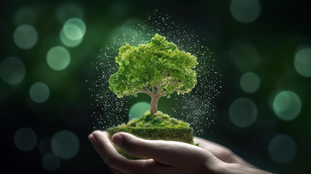 Symbolic green tree in human hands on blurred background Respect for nature sustainable energy care for the environment ecological development Earth Day concept 3D rendering