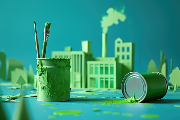 A symbolic image depicts a green factory made of paper cutouts some freshly painted green symbolizing greenwashing where companies appear ecofriendly falsely