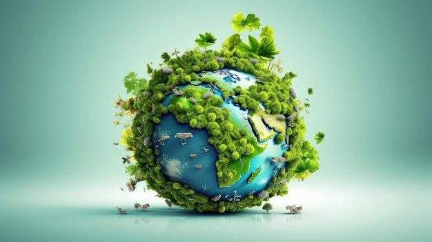 Symbolic image of the globe with elements of human activity and nature environment save clean planet