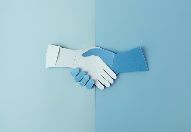 Symbolic image of unity and partnership paper cut handshake on a calm blue background