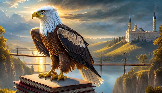 Symbolic Legal Justice Depiction of Court System with Eagle Scales and Law Books