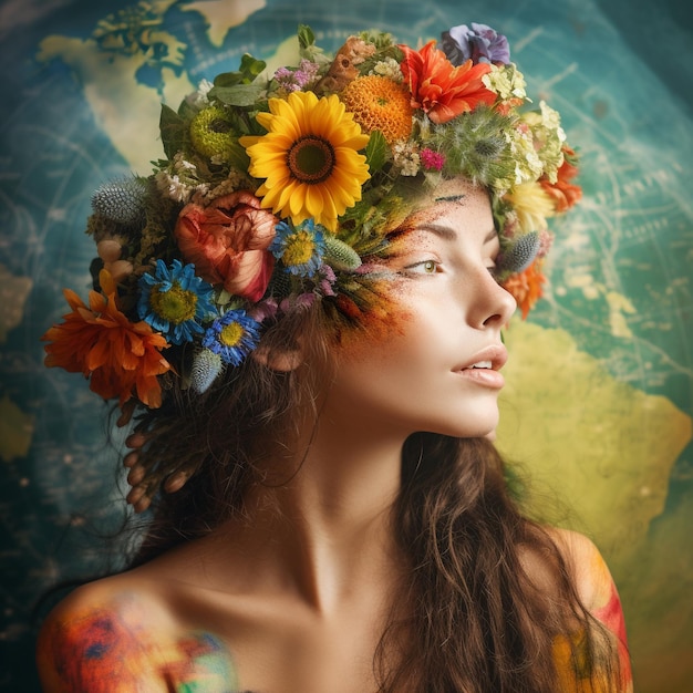 The Symbolic Representation of a Girl Flower Wreath for Environmental Protect