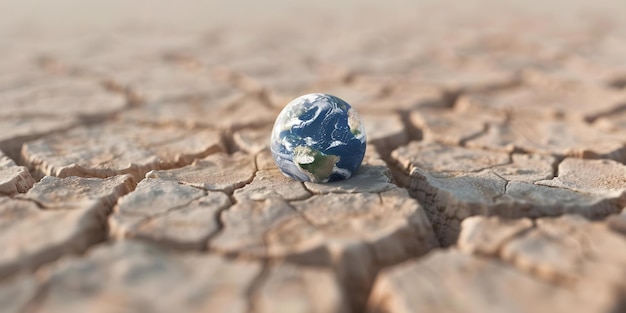 Photo symbolic representation of global environmental crisis earthshaped deflated ball in cracked desert soil concept environmental imagery earth crisis desert landscape deflated ball