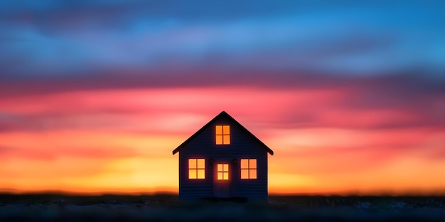 Photo symbolic representation of homeownership dreams artistic miniature house against colorful sunset concept miniature house homeownership dreams symbolic artistic sunset landscape