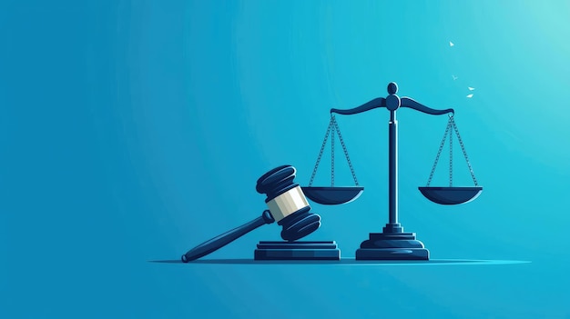 Photo a symbolic representation of justice featuring a gavel and scales against a blue background ideal for legal themes