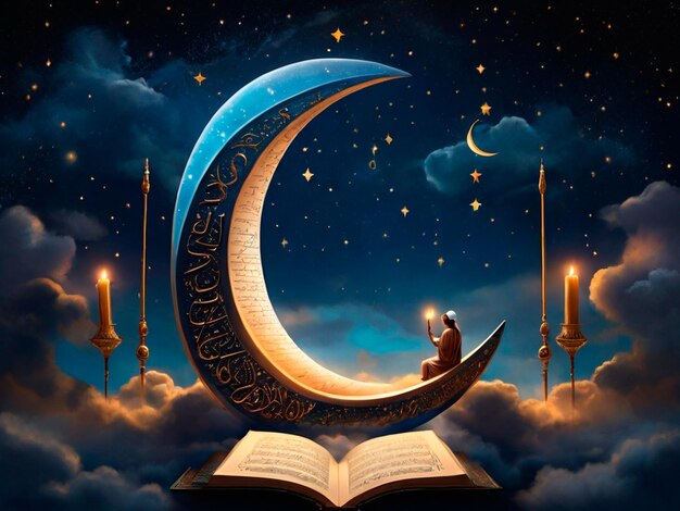 a symbolic scene with silhouettes of a crescent moon and an open Quran on a stand