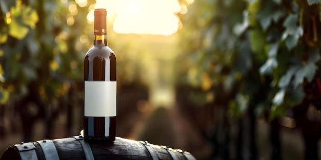 The Symbolic Winemaking Journey Wine Bottle on Barrel in Vineyard at Sunset Concept Vineyard Photoshoot Sunset Lighting Wine Bottle Props Winemaking Storytelling Barrel Setting