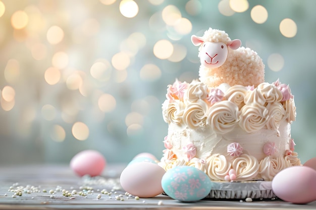 Symbolism of Christian Traditions Easter Cake with Cute Lamb and Painted Eggs Concept Religious Symbols Easter Traditions Christian Festivities Decorative Food Ornate Egg Designs