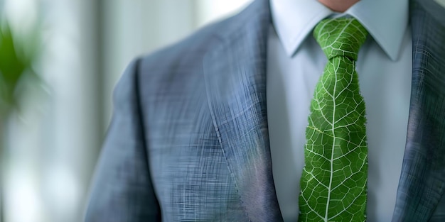 Photo the symbolism of an ecoconscious businessman wearing a green leaf tie concept sustainability business attire symbolic outfit ecofriendly practices corporate responsibility