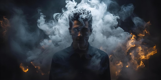 Symbolism of a man engulfed in smoke representing faceless and isolated opioid addiction Concept Opioid Addiction Isolation Faceless Smoke Symbolism