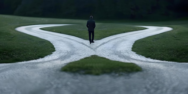 Photo symbolism of person at fork in road the choice between two paths concept life decisions symbolism of paths crossroads metaphor choosing a direction future possibilities