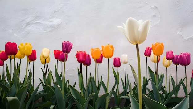 the symbolism of tulips with white petal and the purity of a white wall background Generative AI